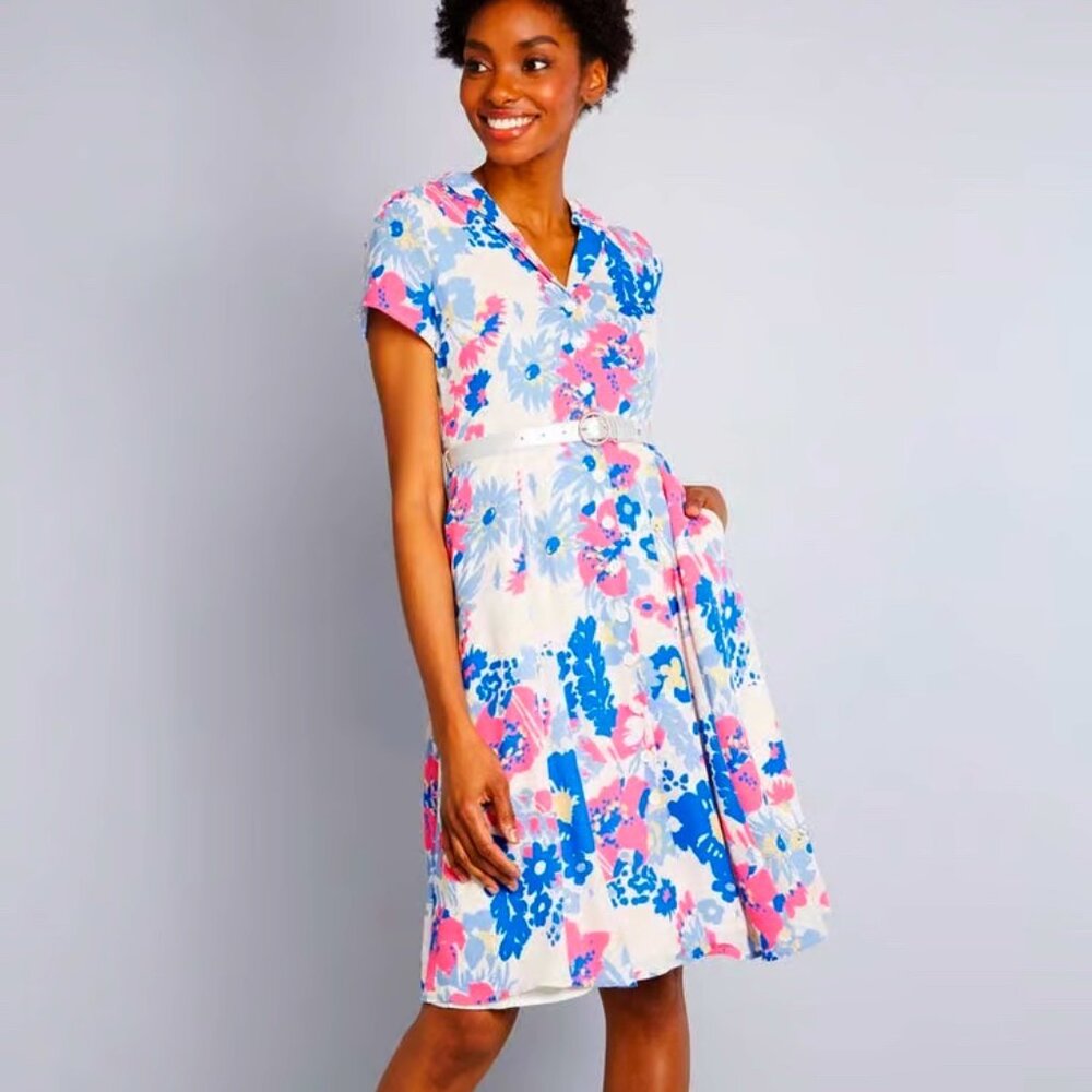 NWT Modcloth Exciting Find Shirt Dress Belted Floral Blue Pink Size XXS NEW
